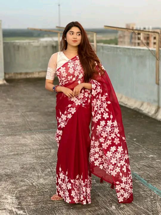 half Silk block print saree